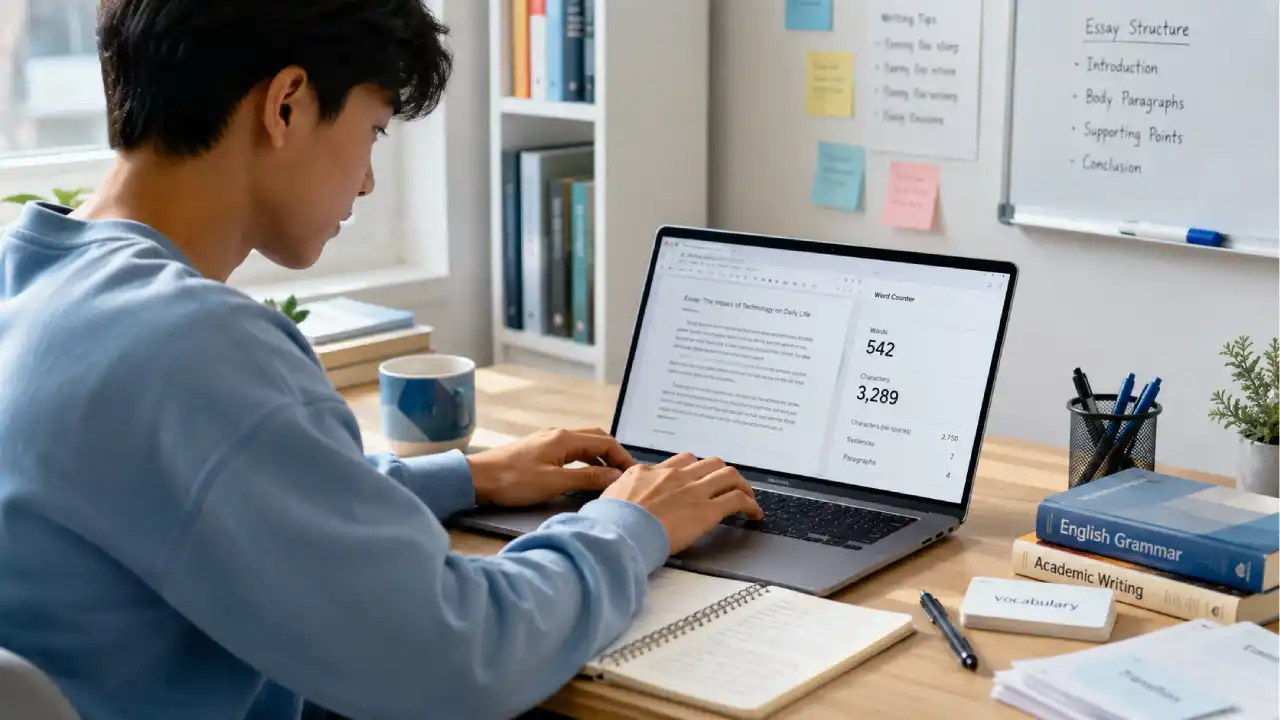 Young ESL student studying English at a modern desk, typing an essay on a laptop while reviewing handwritten notes and vocabulary flashcards. The laptop screen displays a word count and character count tool.